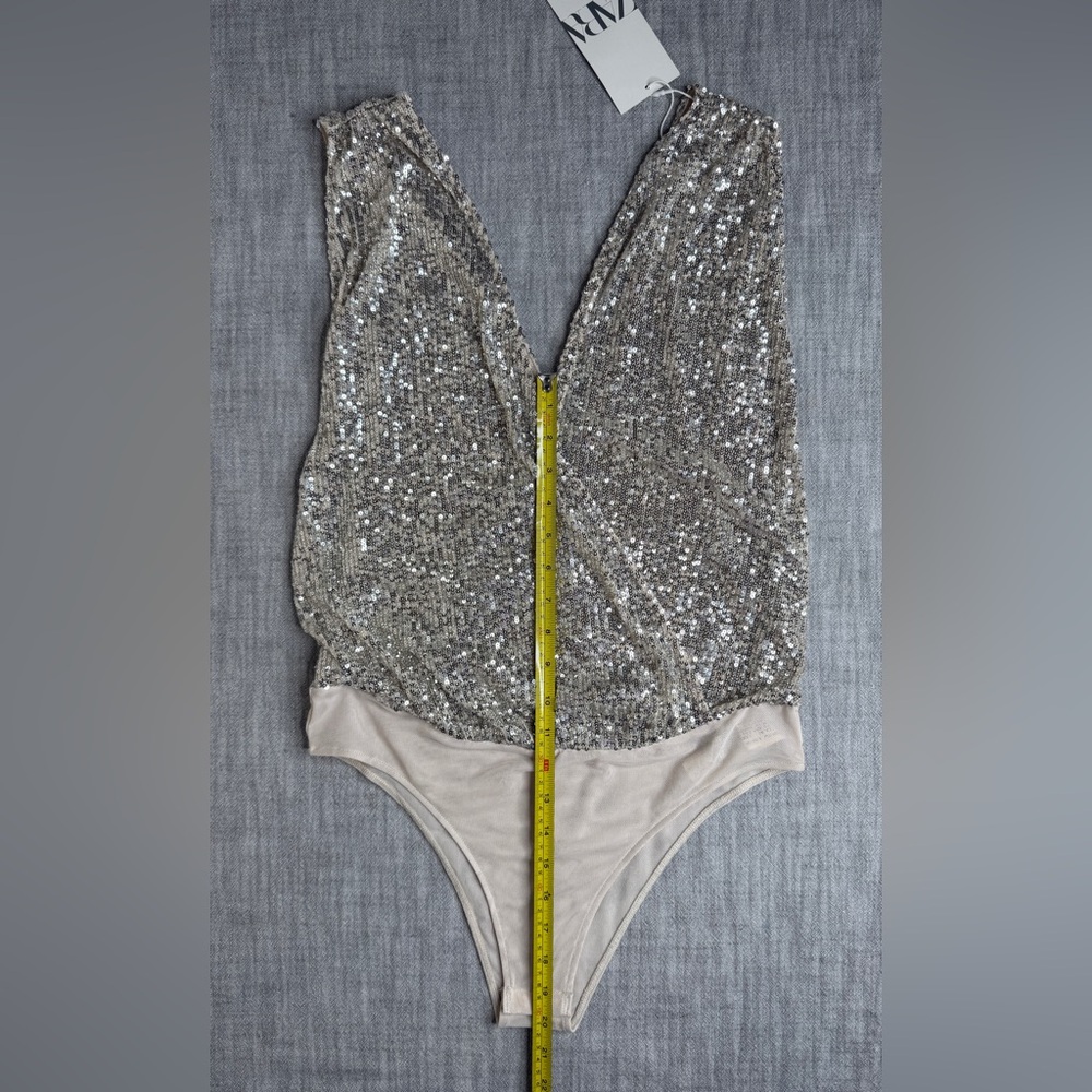 Zara Silver Sequin V-Neck Bodysuit - Picture 9 of 11